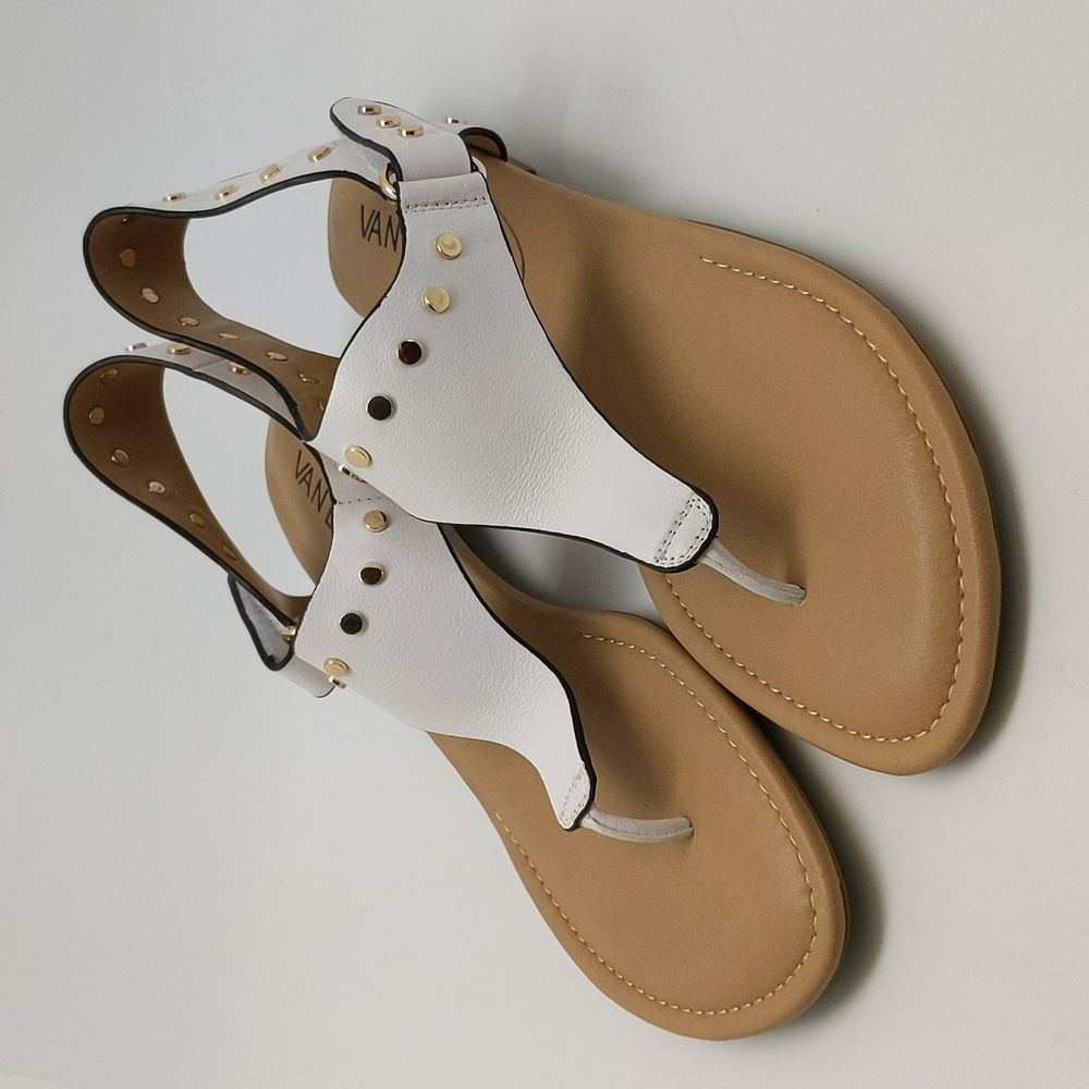 Vaneli White Leather with Gold Studded Toe Post Thong Adjustable Sandal